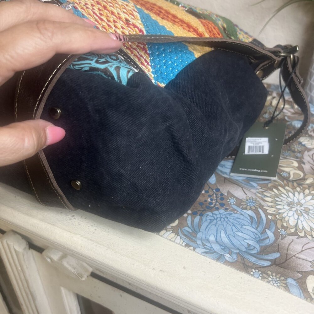 Myra Bag Handmade Bohemian Western Bucket Bag Upcycled Canvas & Cowhide Leather - Picture 6 of 16